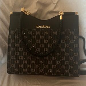 Bebe Black and Gold Monogram Shoulder Bag